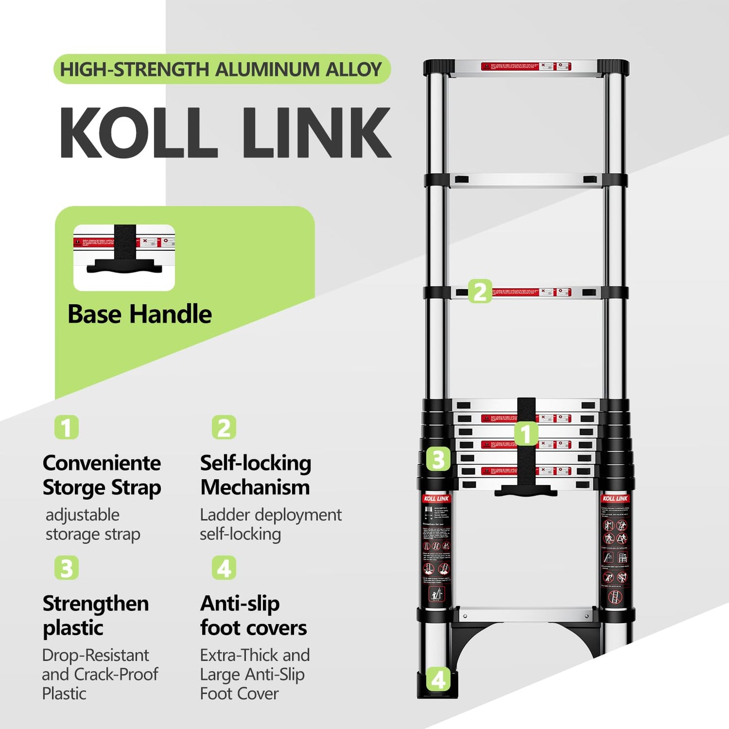 KOLL LINK Telescoping Ladder,12.5 FT Aluminum Lightweight Extension Ladder with 2 Triangle Stabilizers, Heavy Duty 330lbs Max Capacity