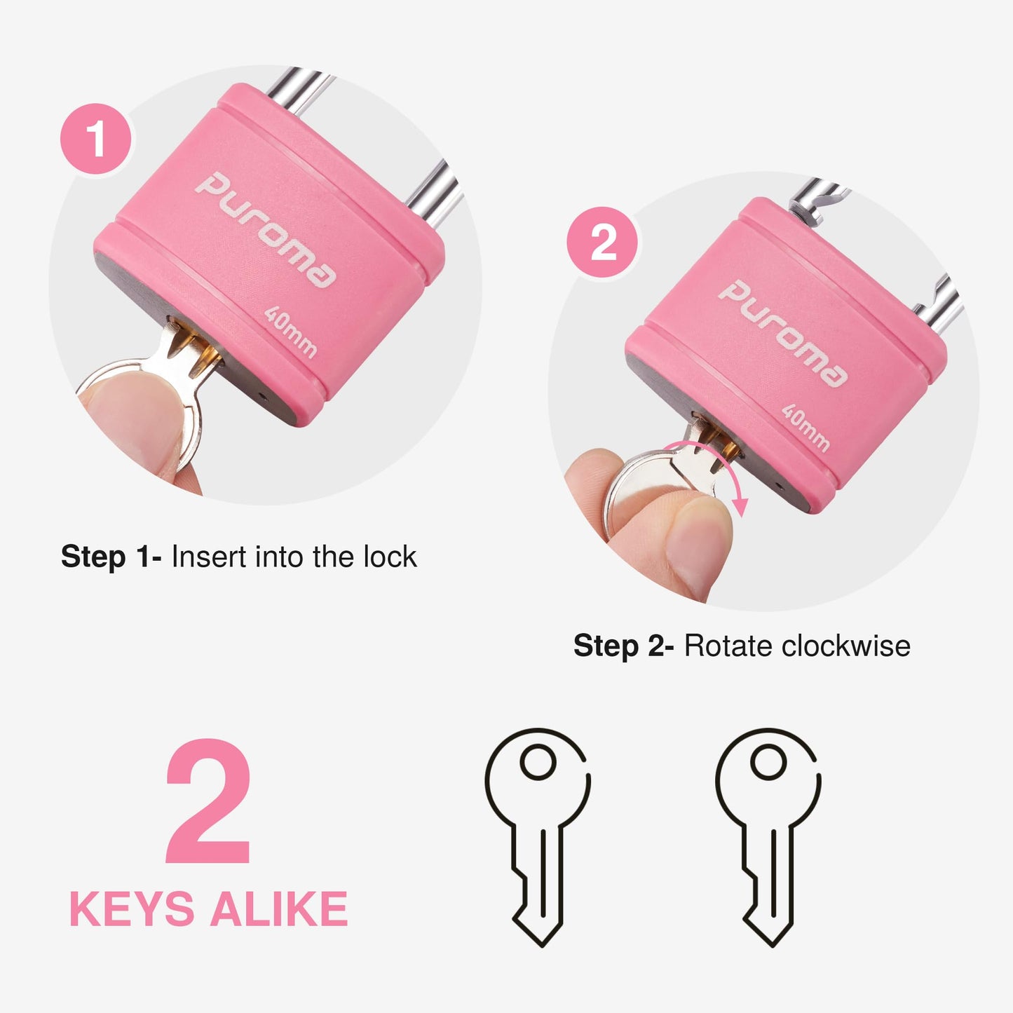Puroma Keyed Padlock with 2 Keys Alike, 7/8 Inch Locker Lock 40mm Heavy-Duty Locks for Gate Fence Hasp Cabinet Toolbox School Gym Locker (Pink)