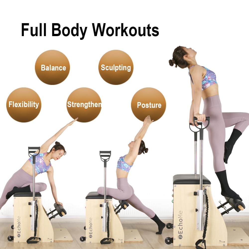EchoMe Plates Combo Chair with Handles, Split-Pedal Stability Pilates Chair,Yoga Fitness Trainer, Pilates Reformer Machine, Pilates Equipent of Maple Wood for Home use and Studio Use(Black)