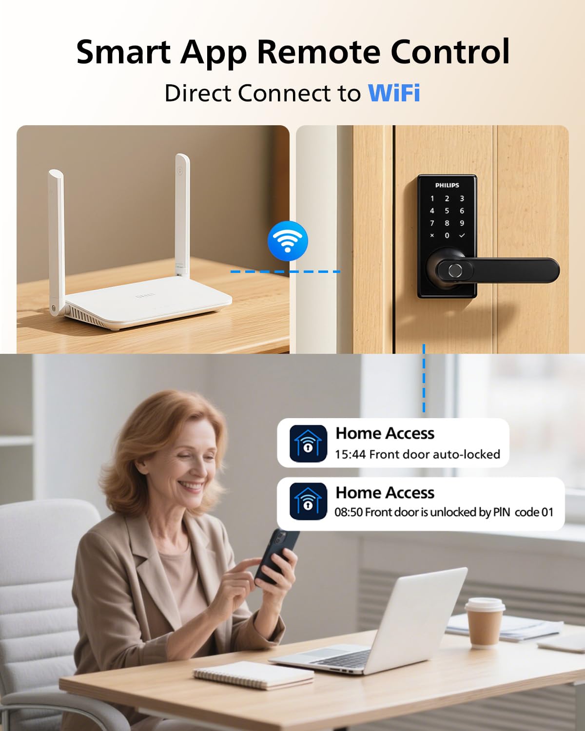 Philips Wi-Fi Smart Door Lock with Handle, Keyless Entry Door Lock, Fingerprint Door Knob, App Remote Control, Auto-Lock, Keypad Deadbolt with Lever for Front Door and Bedrooms, Security Easy Install