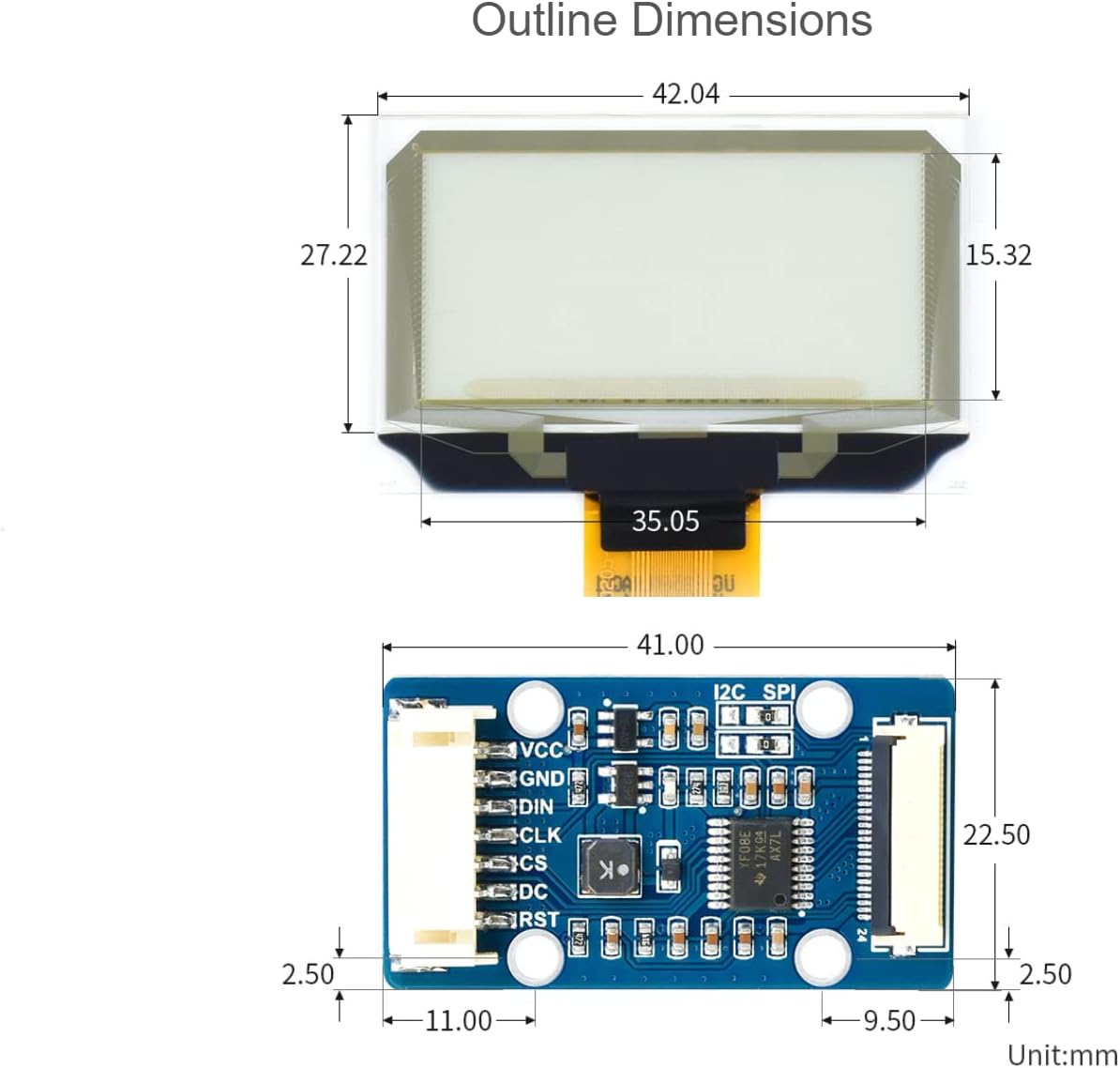 1.51inch 12864 Pi/Arduino/STM32,Full Chip,SPI/I2C Transparent OLED Display Module Resolution Light Blue Color Display