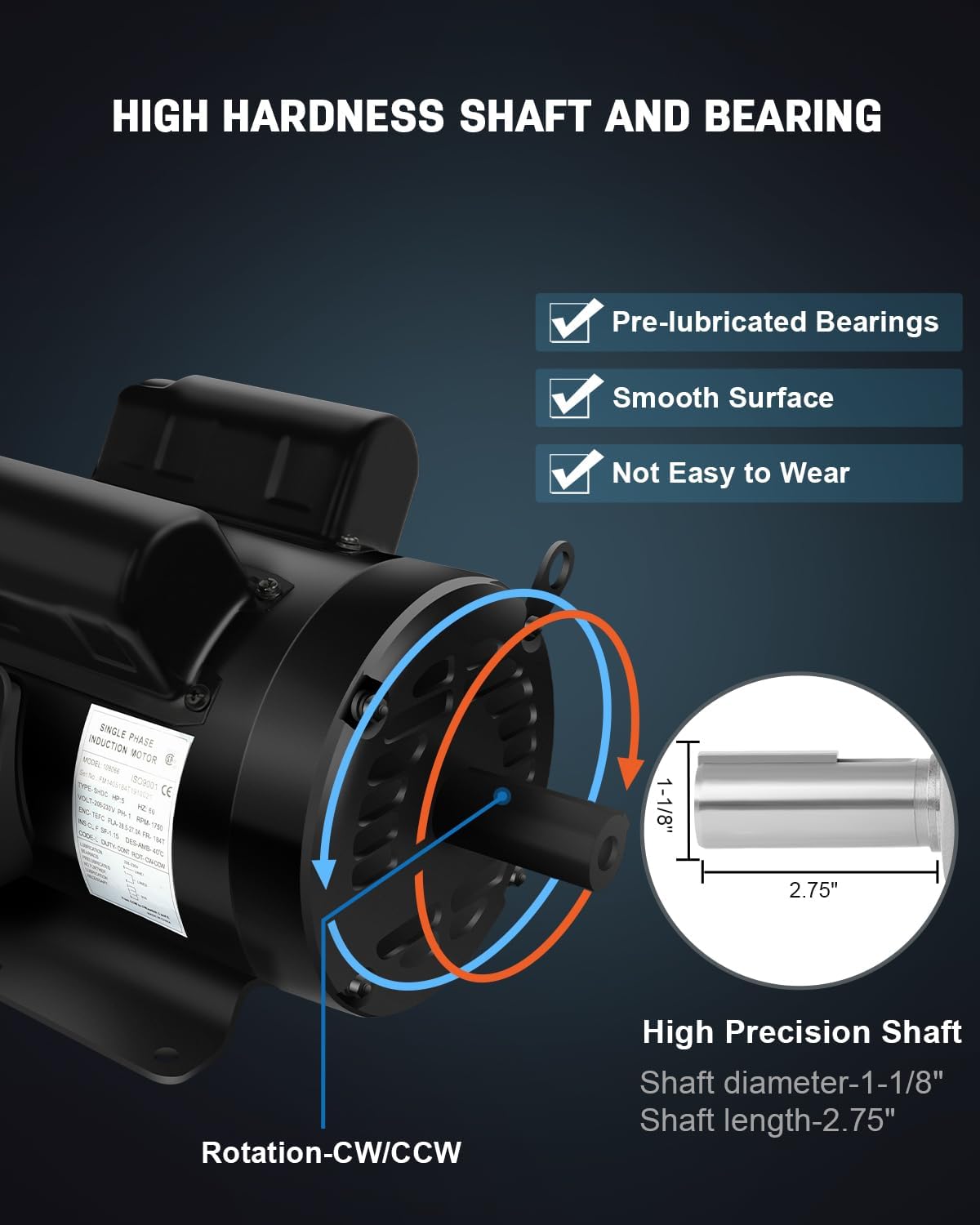 5HP Electric Motor, Air Compressor Motor, 1750 RPM, Single Phase,184T Frame, 208V-230V, 1-1/8"Shaft Diameter Rolled Steel Shell 60HZ