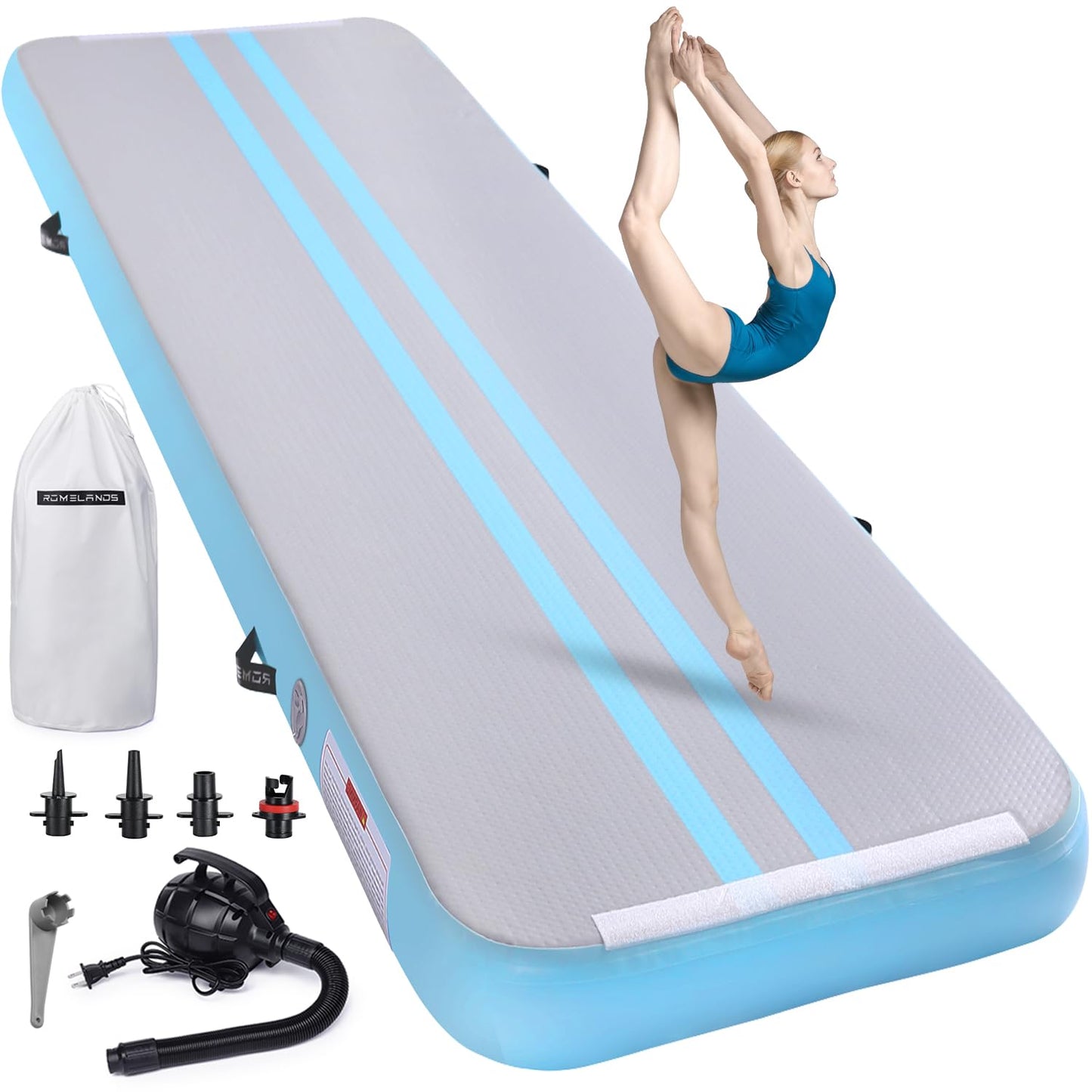 ROMELANDS Inflatable Air Gymnastics Mat 10ft/13ft/16ft Tumbling Mats Exercise Mat Tumble Track Mats with Electric Air Pump for Home/Gym/Cheerleading/Beach/Outdoor Training (Green)