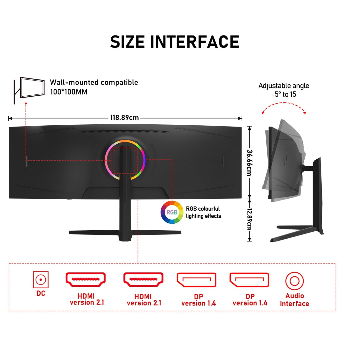 Gawfolk 49 inch Ultra-Wide Curved 1500R Gaming Computer Monitor, DQHD(5120×1440), 165Hz, 1MS, FreeSync, 120% sRGB, Built-in speaker PC Screen, HDMI2.1 & DP1.4, Compatible Wall Mount 100*100mm- Black