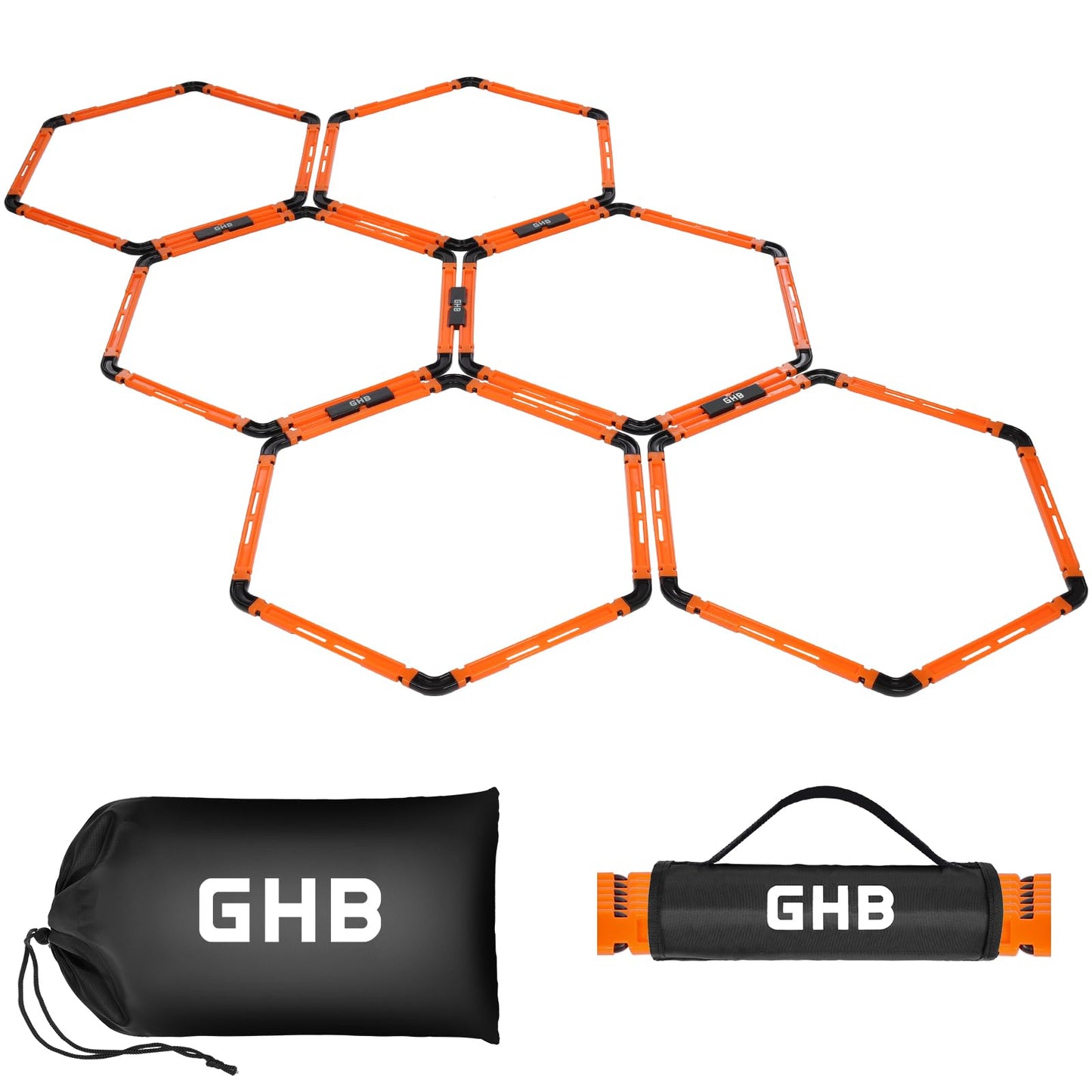 GHB Hex Agility Rings Speed Rings with Carrying Bag 6 Set Portable Hexagon Rings, Agility Ladder for Agility Footwork Training (Orange)
