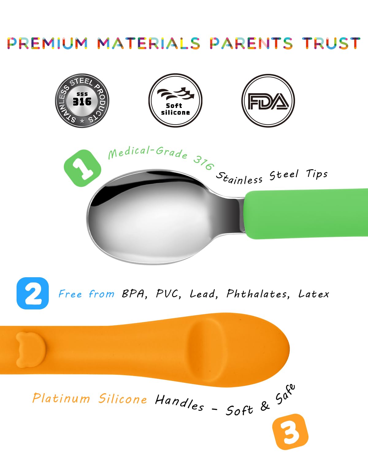Bakpoco 6PCS Toddler Utensils, 316 Stainless Steel Baby Safe Forks + Spoons with Silicone Handle, BPA Free Dishwasher Safe Kids Silverware Cutlery with Box, Bright Orange/Blue/Green