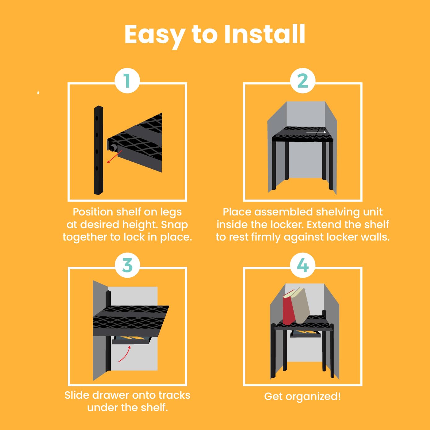 LockerMate Adjust-A-Shelf Locker Shelf & Organizer, Extends to Fit Your Locker, Includes Storage Drawer, Black
