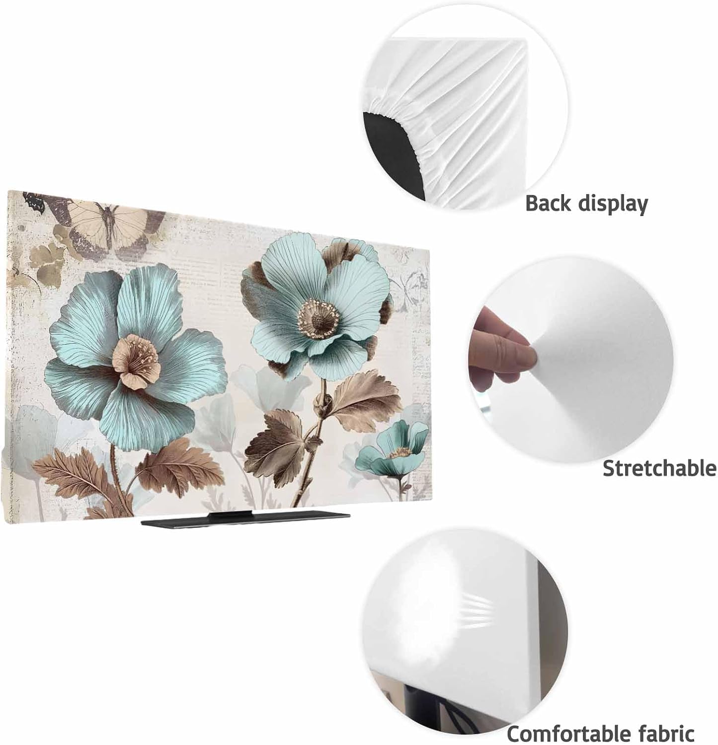 Yukro 32 Inch, 28"x16" Victorian Style Broccoli Butterfly Indoor TV Dust Cover, Blue Flowers Plant Elastic TV Dustproof