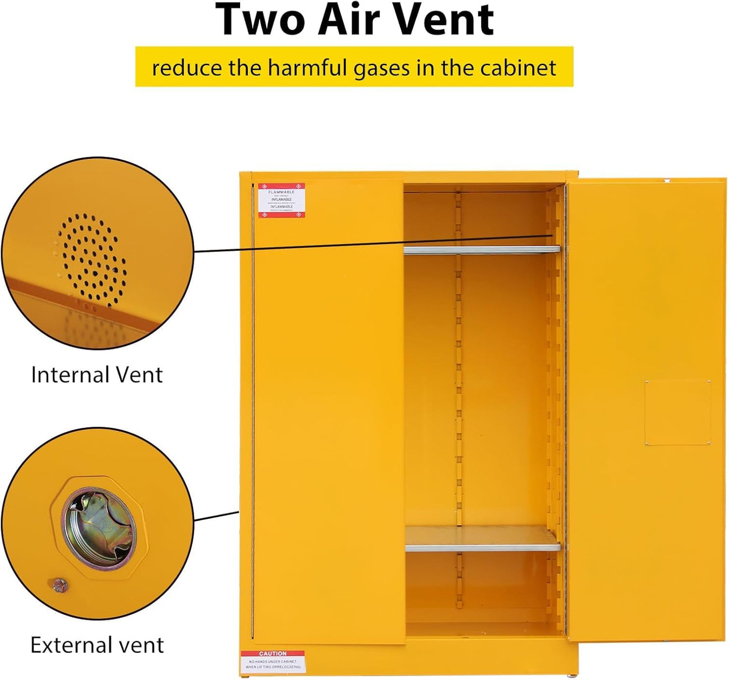 Flammable Storage Cabinet 43" x 18" x 65", 45 Gallon Galvanized Steel Flammable Liquid Storage Locker with 2 Adjustable Shelves & Manual-Close Doors, OSHA Compliant Industrial Hazardous Storage, Yell