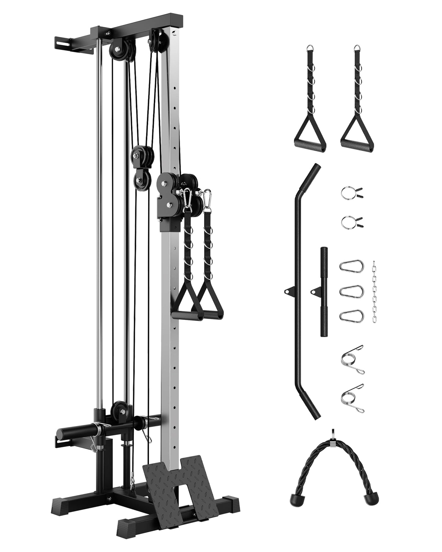 Garvee Wall Mount Cable Station, LAT Pulldown Machines with 19 Positions Dual Pulley System, Cable Crossover Machine with Adjustable Footplate, T-Bar and More Attachments, Workout Equipment Home Gym