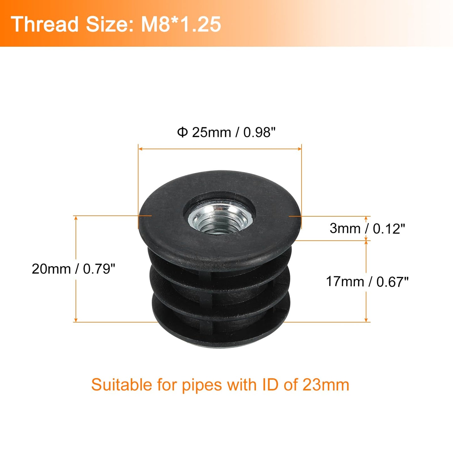 Uxcell 6-Pack Round Tube Inserts with M8 Thread, for 25mm/0.98" OD Tube, Black Plastic Plugs for Furniture Legs, Chair End Caps
