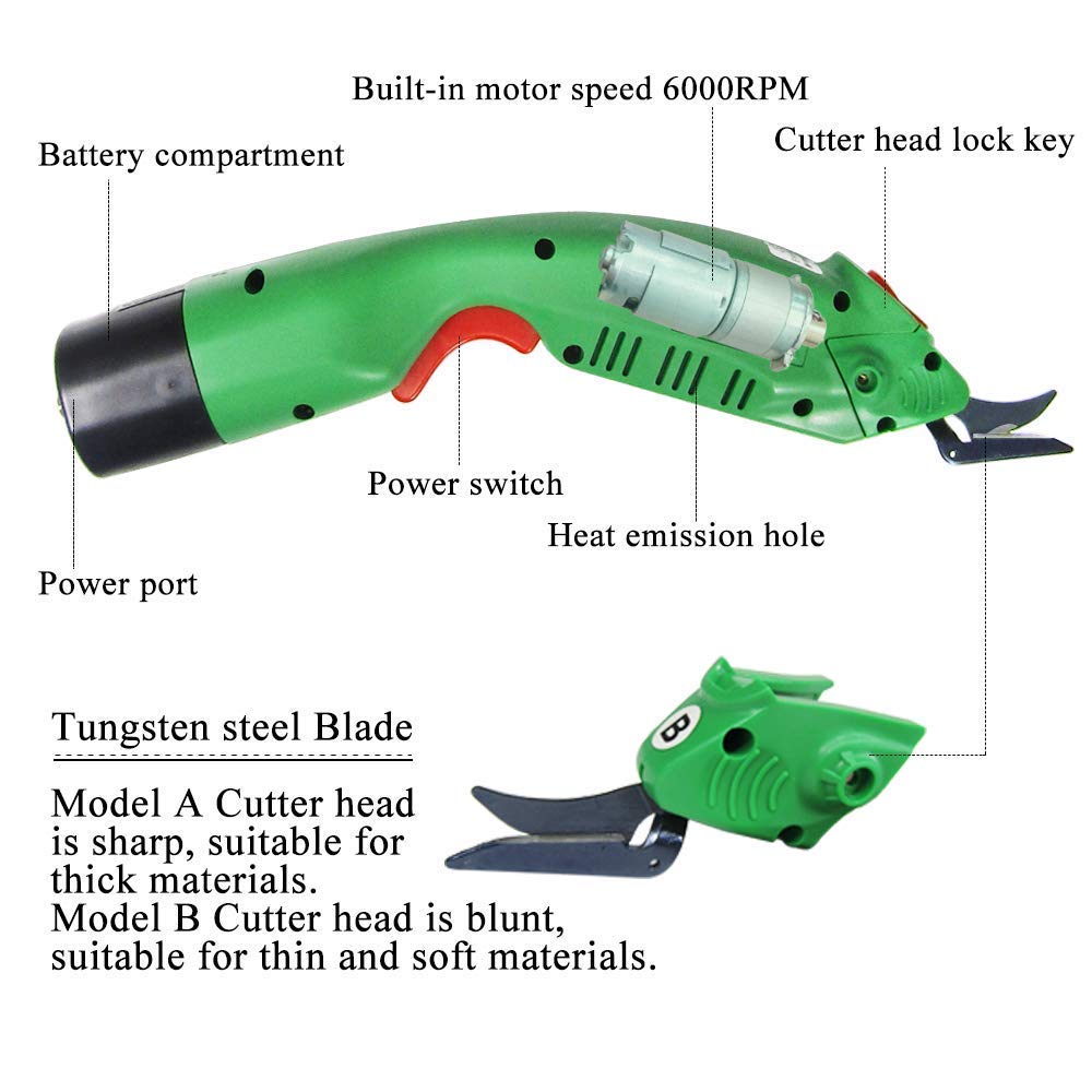 MXBAOHENG WBT-2 Cordless Electric Scissors for Cutting Fabric/Carpet/Sponge/Paperboard Fiberglass Scissor w/ 2 Blades 5000mAh Large Battery Low Noise