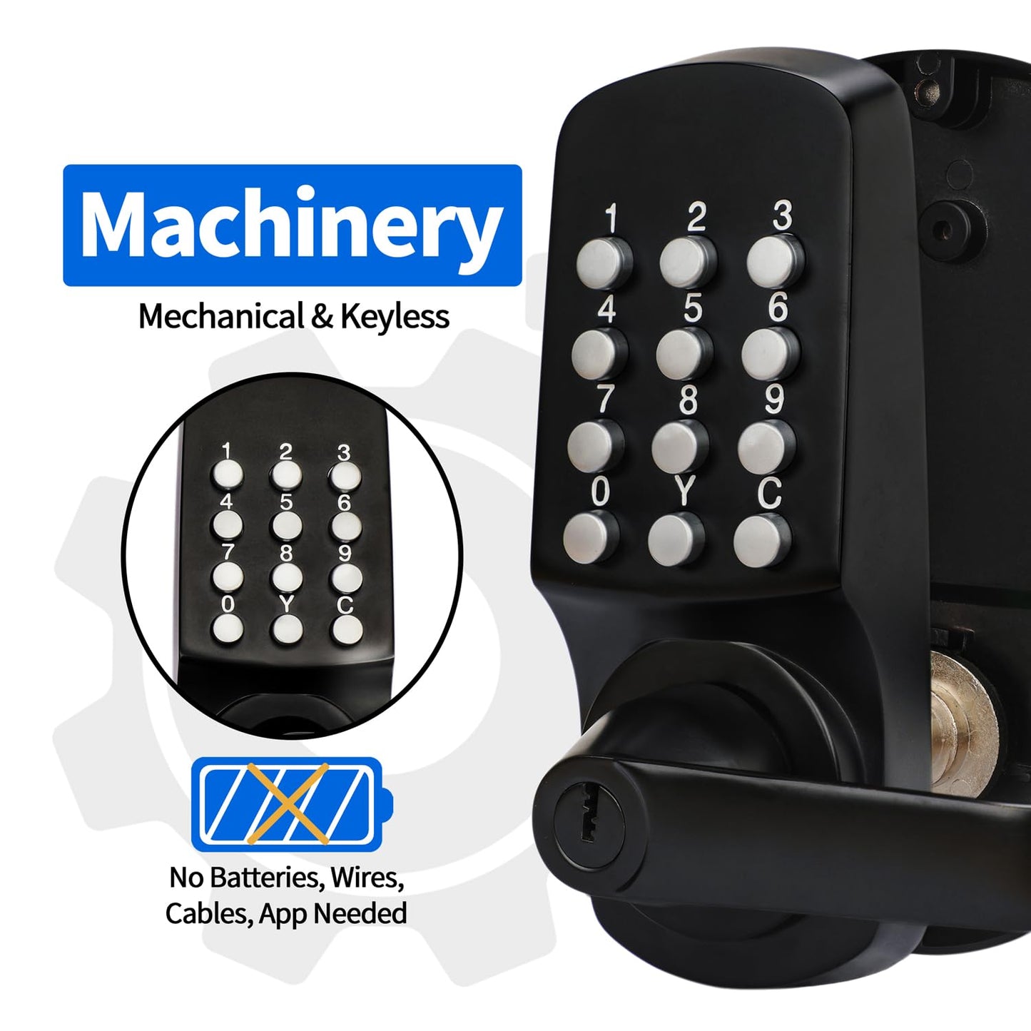MUTEX Mechanical Keyless Lock w/Both Key & Keyless, Big Panel for Comfortable Key Press, Suitable for Home and Office, Super Durable - 100% Mechanical, All Metal, No Battery Needed