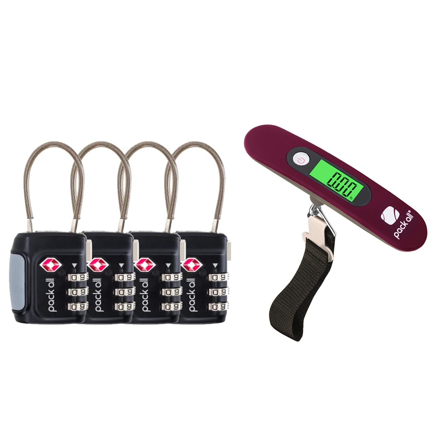 pack all Travel Accessories Bundle | TSA Cable Locks(4 Pack) & 88 Lbs Luggage Scale(Red)