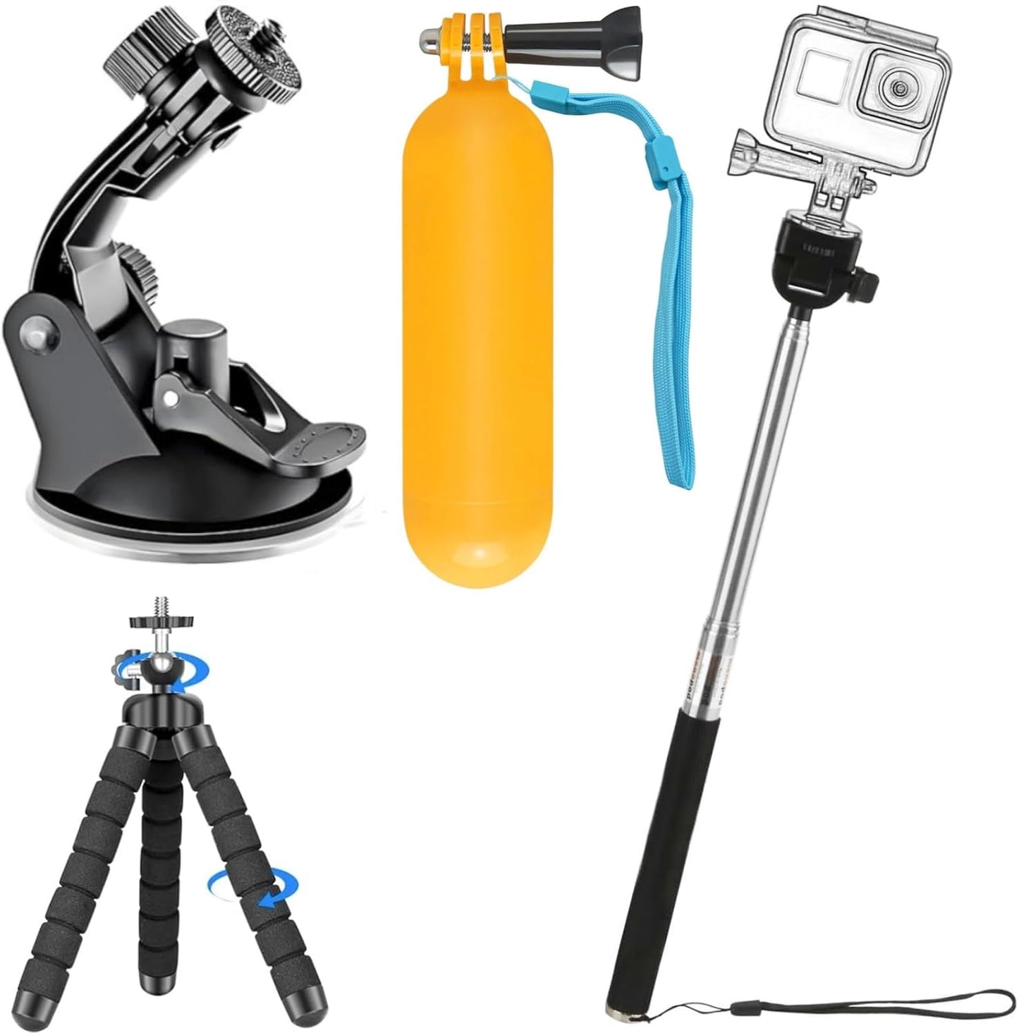 KUANVE 4 1 in Action Camera Accessories Kit, Floating Handle Grip, Suction Cup Mount, Handheld Selfie Stick and Mini