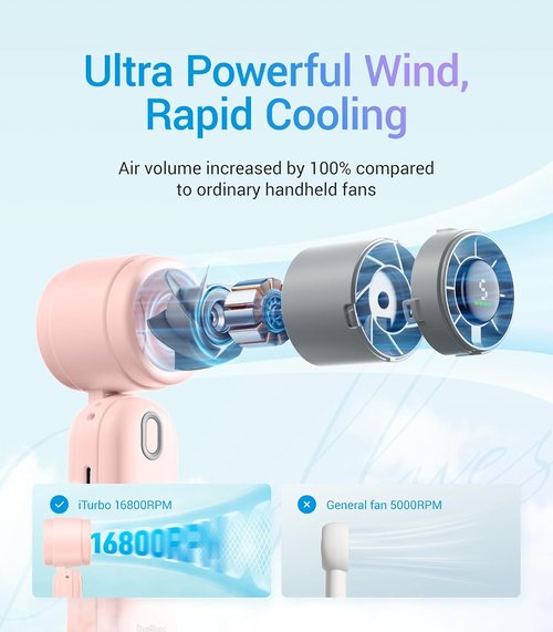 Diveblues Handheld Turbo Fan - USB Rechargeable Portable Pocket Fan for Travel & Outdoor Use | Pink