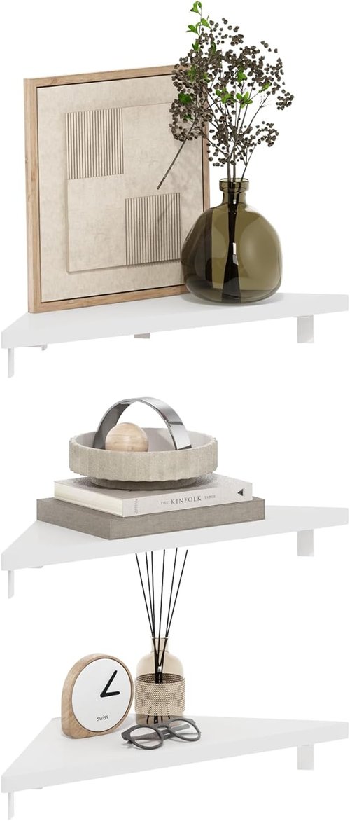 Furinno Rossi Triangle Floating Shelves - Set of 3 Geometric Wall-Mounted Shelves | White for Bathroom & Living Room