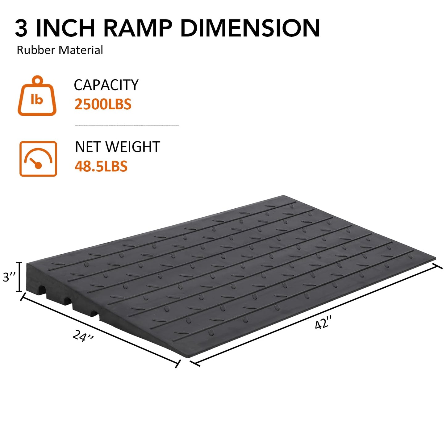Towallmark Rubber Threshold Ramp, 3'' Rise Portable Wheelchair Ramp for Home Steps, 2500LBS Capacity Curb Ramp Handicap Ramps for Wheelchairs Driveway Mobility Scooters with 3 Channels Cord Cover