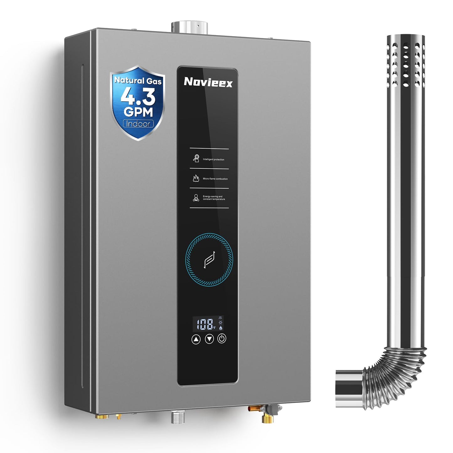Tankless Water Heater, Novieex On Demand Water Heater Natural Gas, Up to 4.3 GPM, 100,000 BTU Instant Hot Water Heater with LED Display, Indoor Installation, 2-4 Point Use for Family Bathroom Kitchen