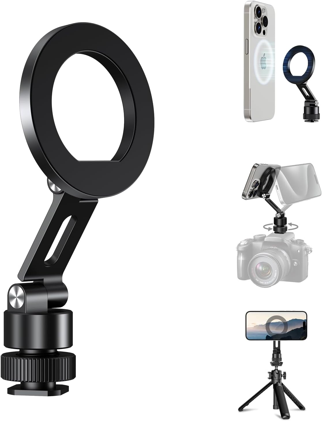 elitehood 360 1/4 180 Aluminum Magnetic Camera Phone Mount with Rotatable Cold Shoe Base, MagSafe iPhone Tripod Mount