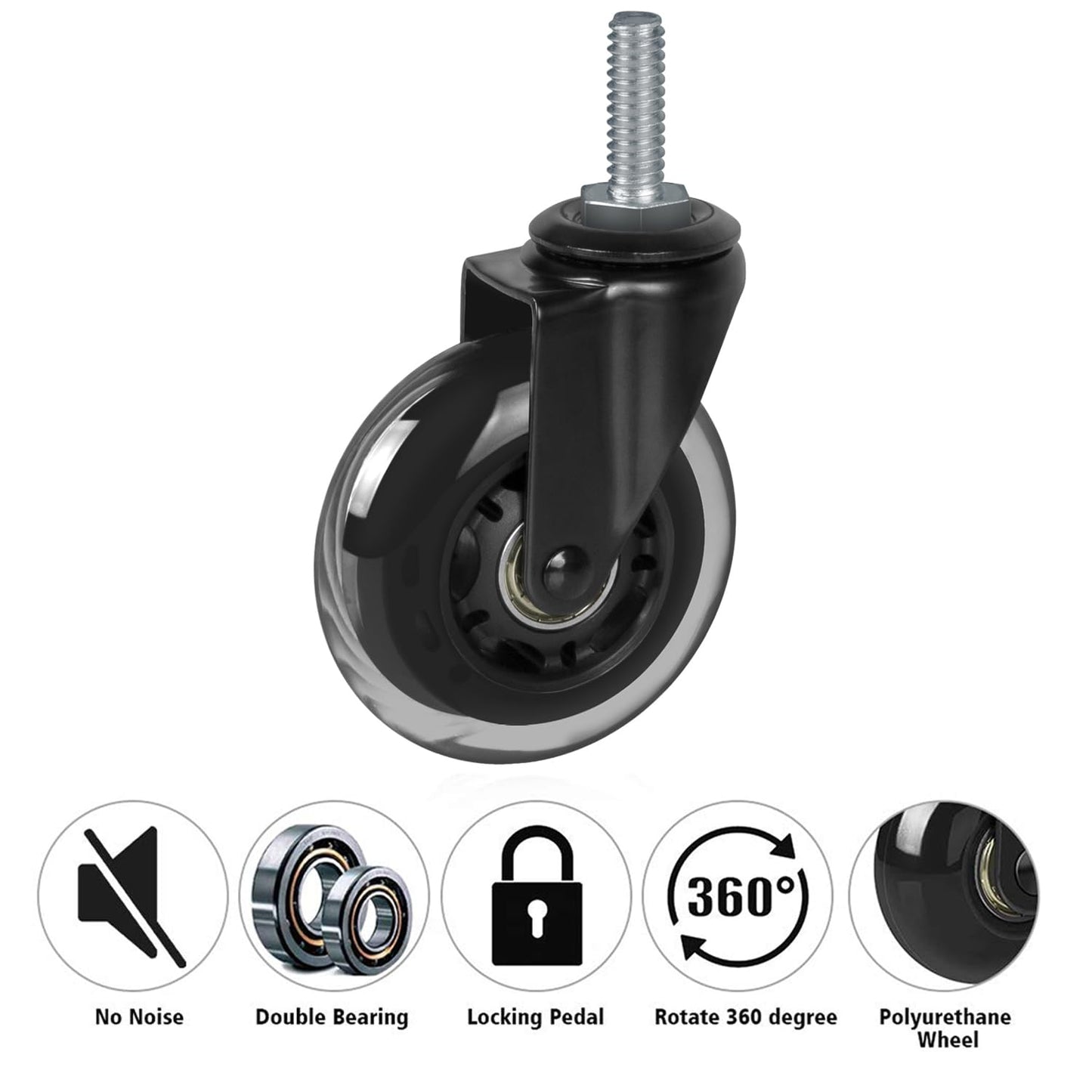 8T8 3" Rubber Caster Wheels Heavy Duty with 3/8"-16 x 1-1/2" Threaded Stem Casters Set of 4 (Screw Diameter 3/8", Length 1.5"), Quiet and Smooth Rolling Castors for Furniture Hardwood Floors