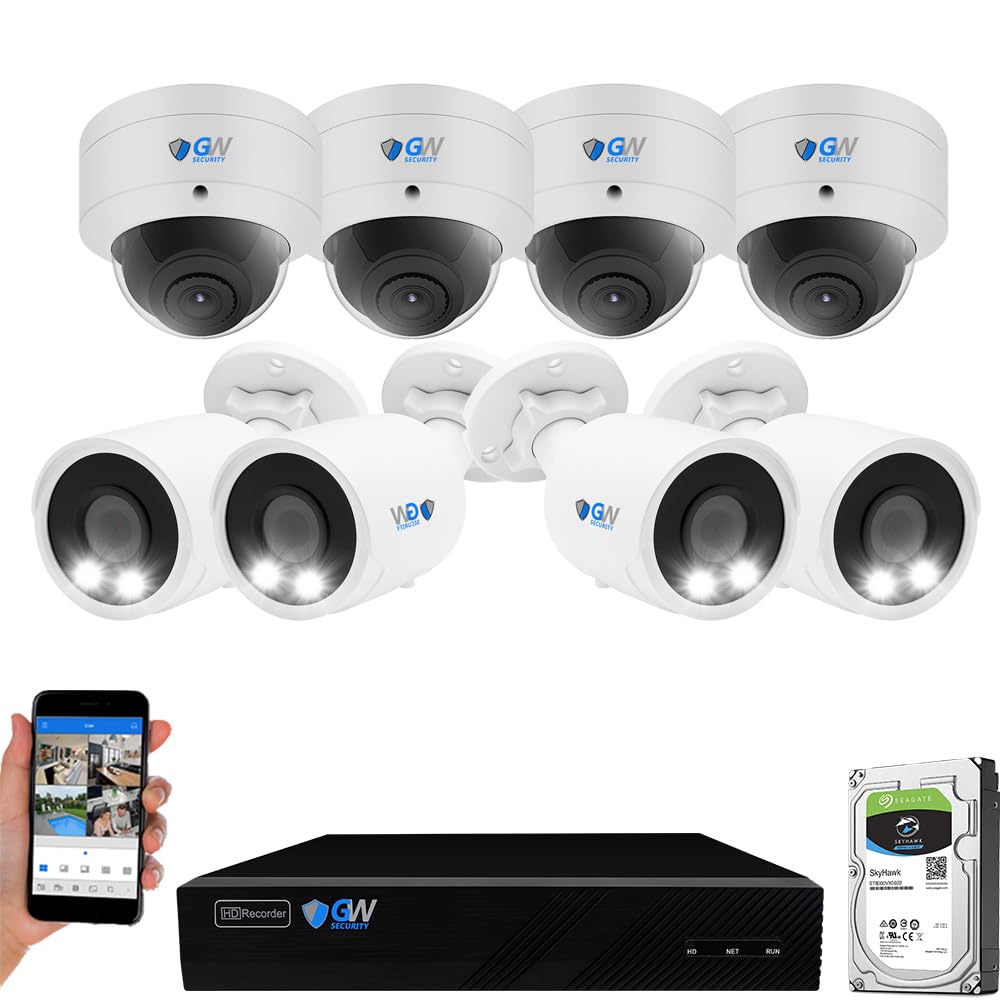 GW Security 8 Channel 12MP NVR UltraHD 4K (3840x2160) NDAA Security Camera System with 4 Bullet and 4 Dome 4K (8MP) IP Microphone Outdoor/Indoor Face Recognition PoE AI Camera, 100ft Night Vision