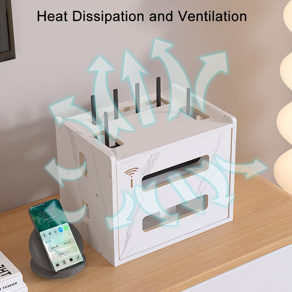 W WWEENUO Wooden Router Shelf, Desktop WiFi Router Storage Box Modem Rack Cover Power Strip and Cable Management Hider