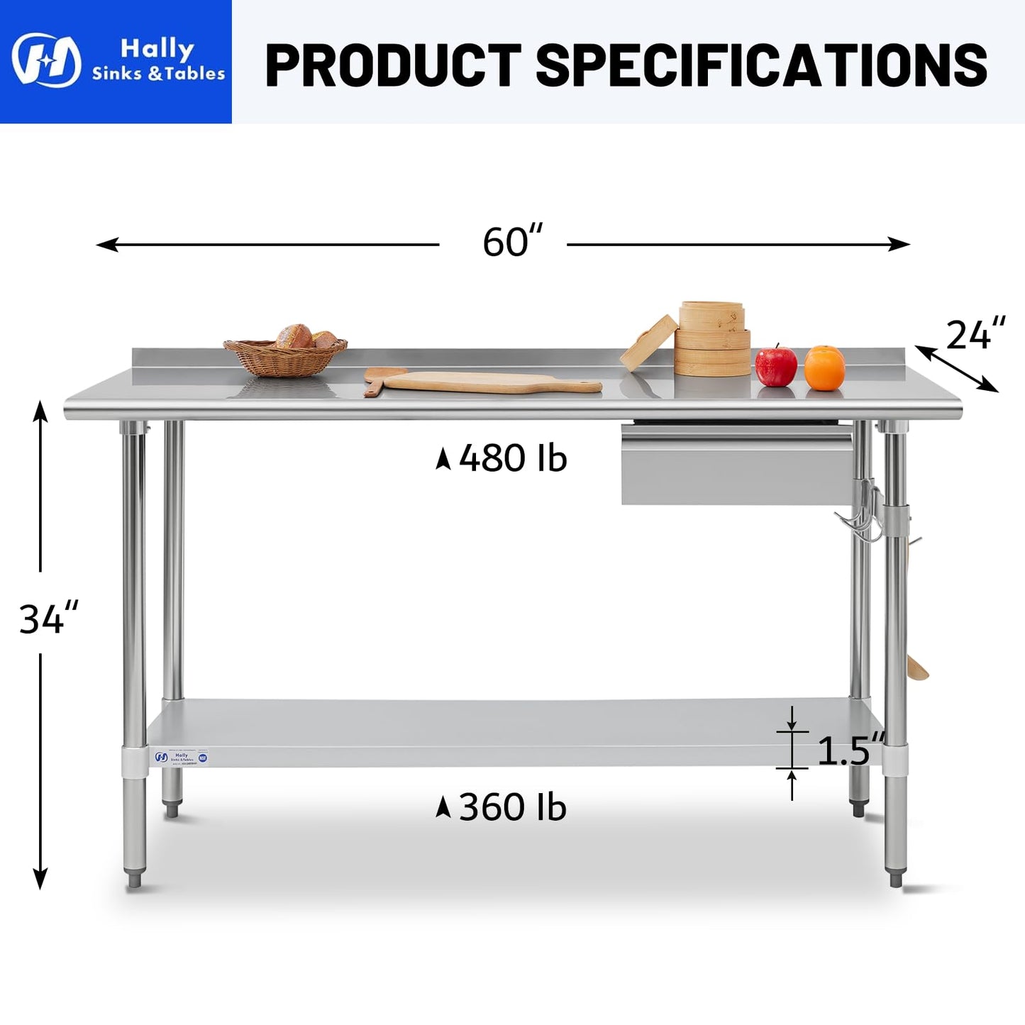 Hally Stainless Steel Prep Table 24 x 60 Inch with Backsplash, NSF Certified Commercial Work Table with Drawer, Removable Stainless Steel Pan, Undershelf and Side Hook for Restaurant, Home, Garage