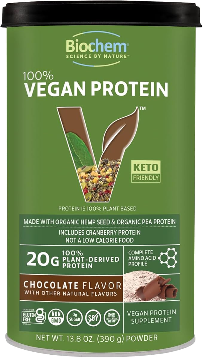 Biochem Vegan Protein Powder ??20g Plant-Based Protein with Pea, Hemp & Cranberry ??Chocolate Flavor ??Keto Friendly, Certified Vegan, Gluten Free, Kosher ??13.6 oz