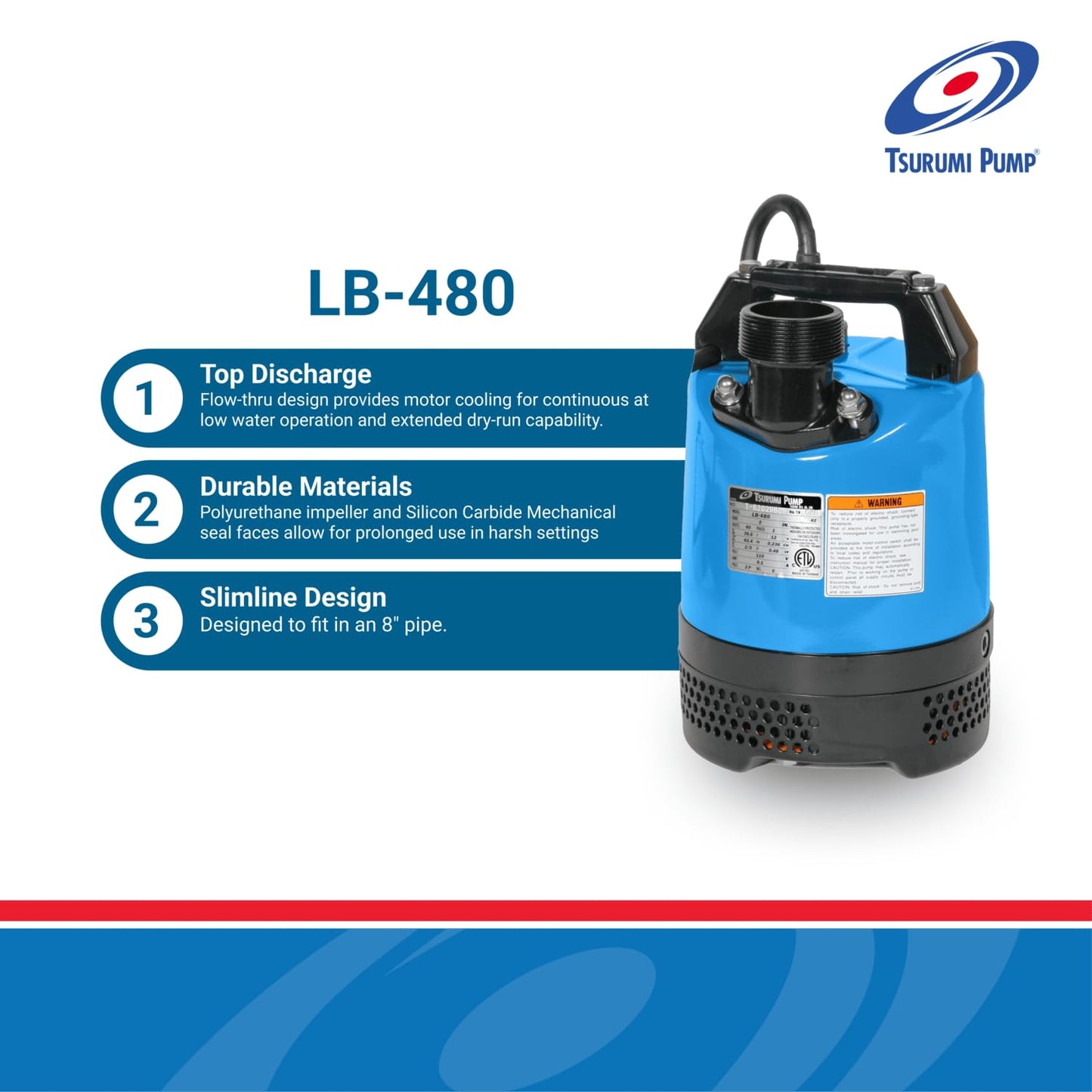 Tsurumi Pump LB-480 Submersible Dewatering Pump 2/3 HP 115V 2 in Discharge Slimline Design Ideal For Construction Use | 63 GPM / 3780 GPH