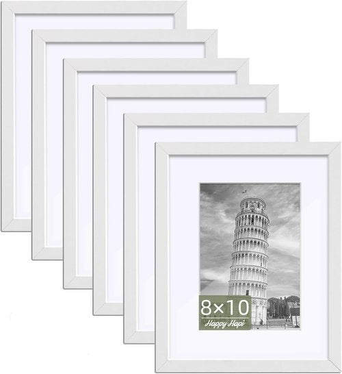 HappyHapi 8x10 Picture Frame Set of 6 - Versatile White Frames for 5x7 or 8x10 Photos | Wall or Tabletop Display