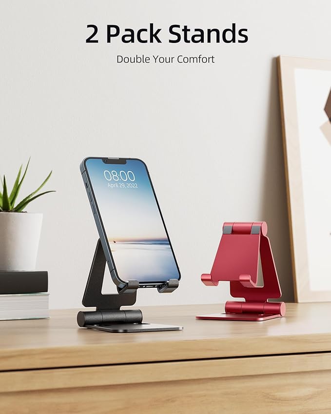 Nulaxy 2 Pack Dual Folding Cell Phone Stand, Fully Adjustable Foldable Desktop Phone Holder Cradle Dock Compatible with Phone 16 15 14 13 12 Pro Xs Xs Max Xr, All Phones, Black&Red