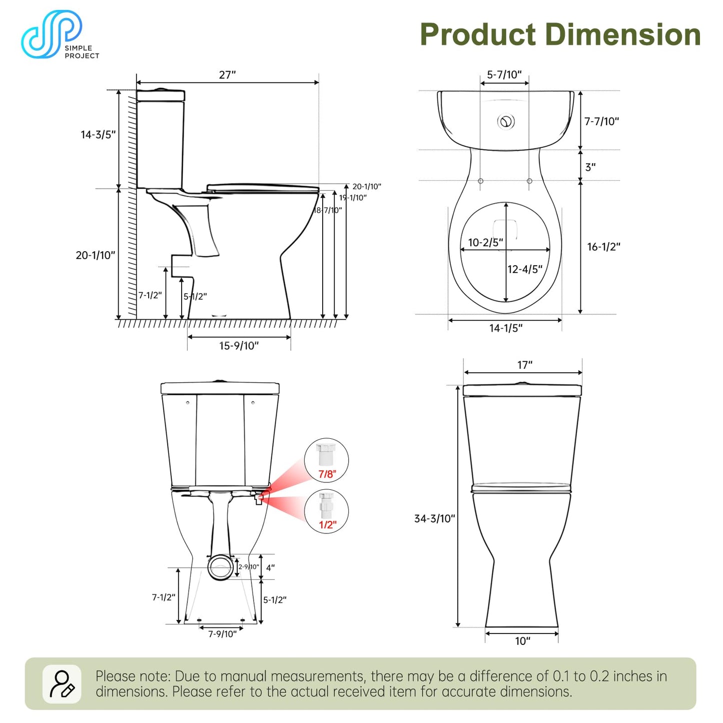 Simple Project Rear Outlet Toilet with Tank, 19 Inch ADA Rear High Toilet, Dual Flush 1/1.28GPF Back Discharge Tall Toilet with Comfort Soft Close Seat for Seniors -Includes Extension Pipe