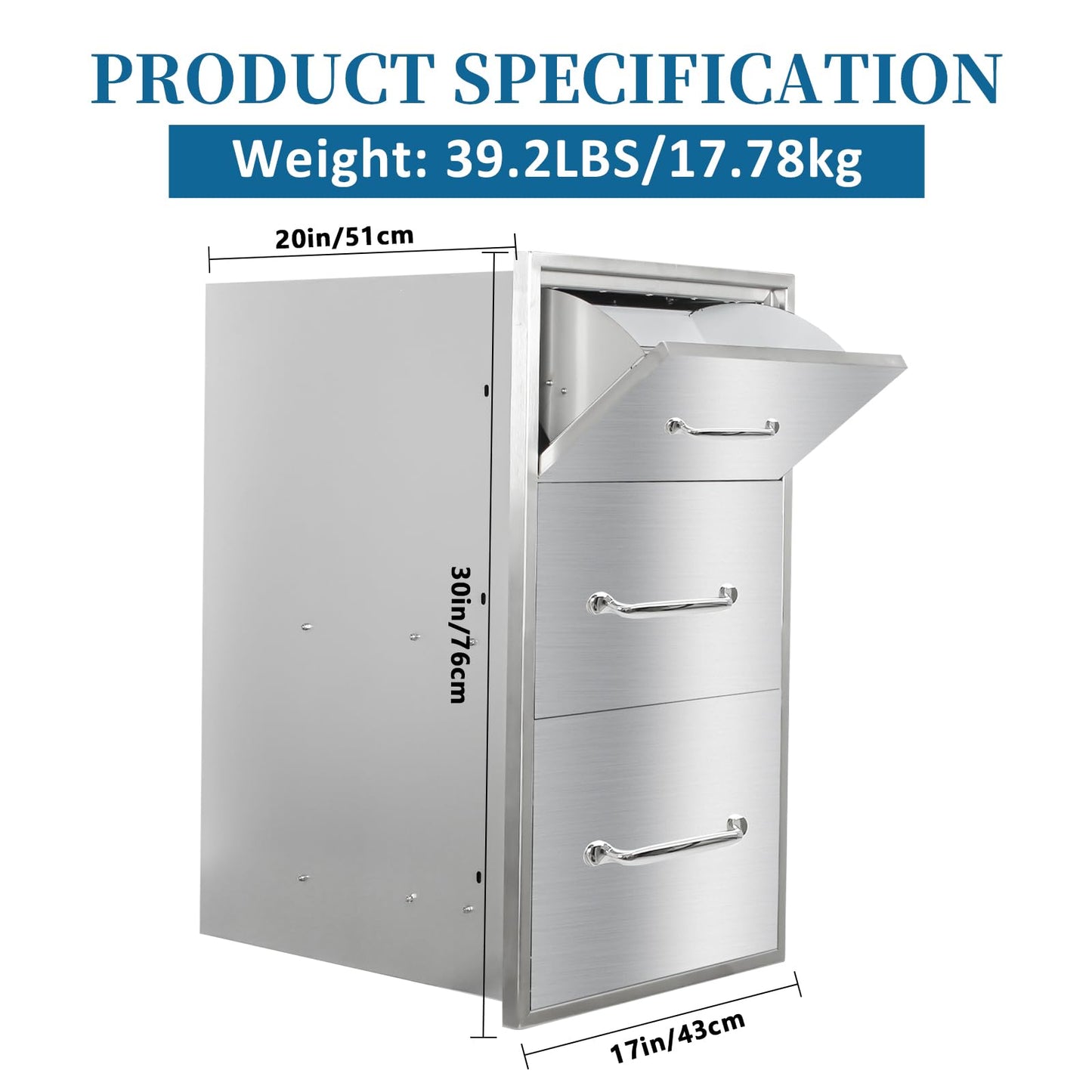 Outdoor Kitchen Drawers with Paper Towel Holder 17"Wx30"Hx20"D Flush Mount Access 3-Drawer BBQ Stainless Steel Drawers with Handle for Outdoor Kitchen Island or Grill Station