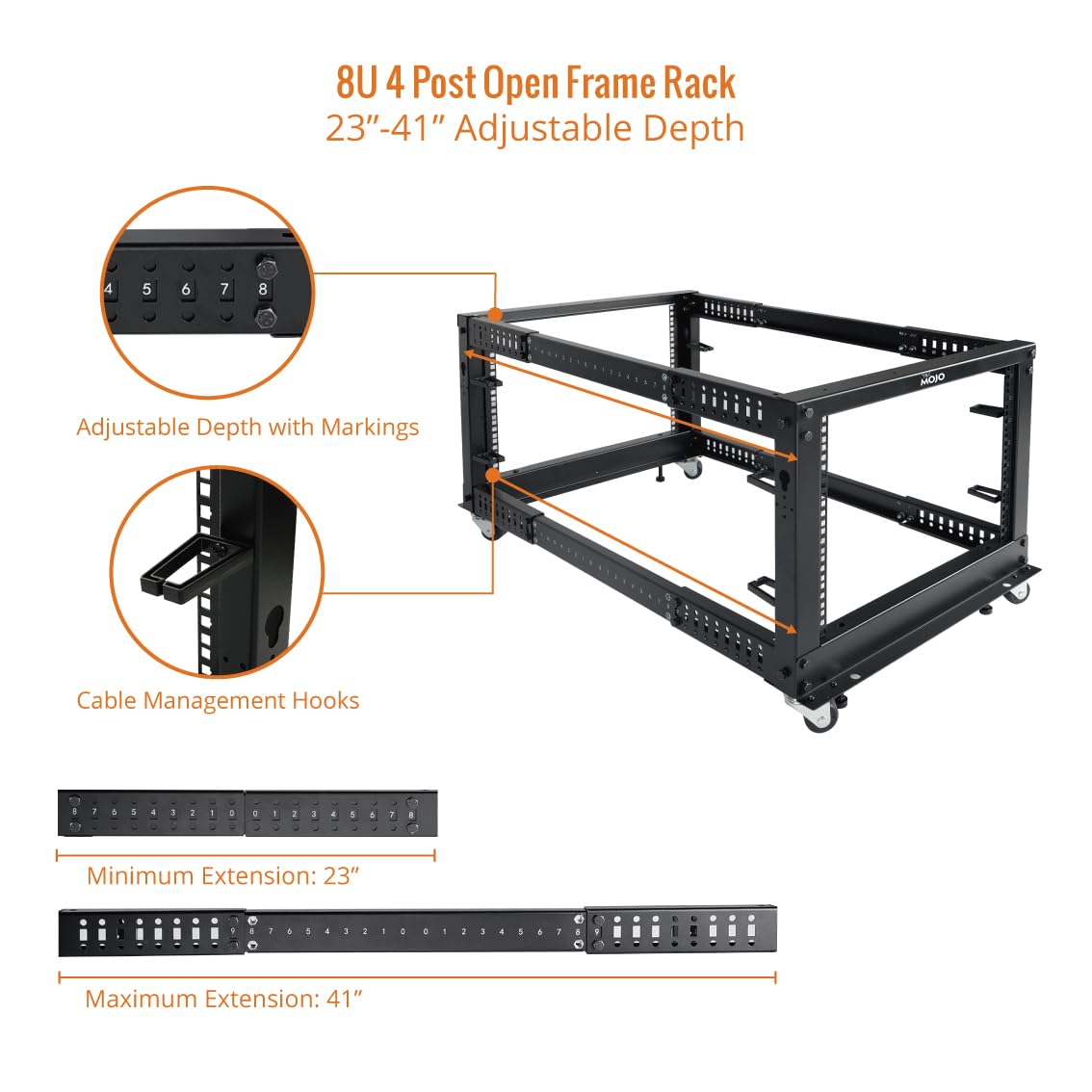 Tecmojo 8U Open Frame Server Rack,4-Post Adjustable Depth Rolling Network Rack for Computer/Data/AV/IT/Servers,Mobile Type