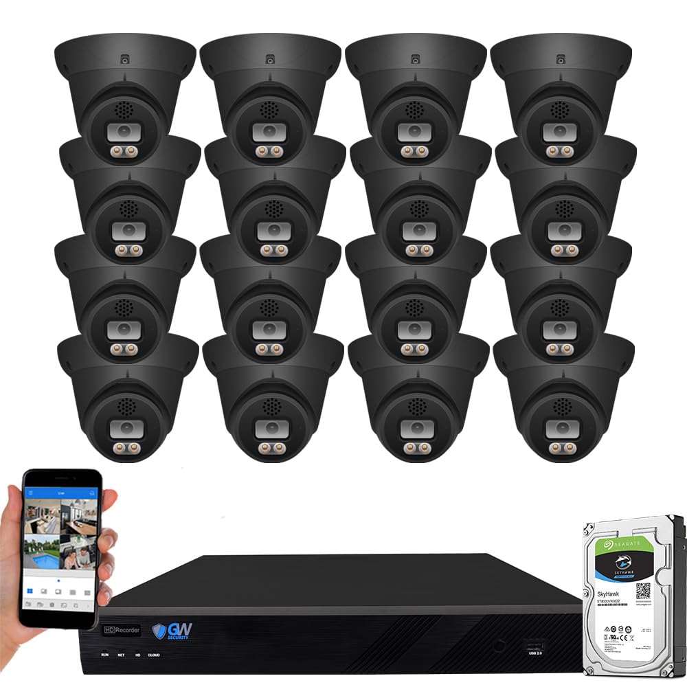 GW Security 16 Channel 12MP NVR 4K Fulltime Color Night Vision Security Camera System with 16 x 8MP IP Two-Way Audio Alarm Lights AI PoE Dome Security Cameras, Face Recognition, Human & Car Detection