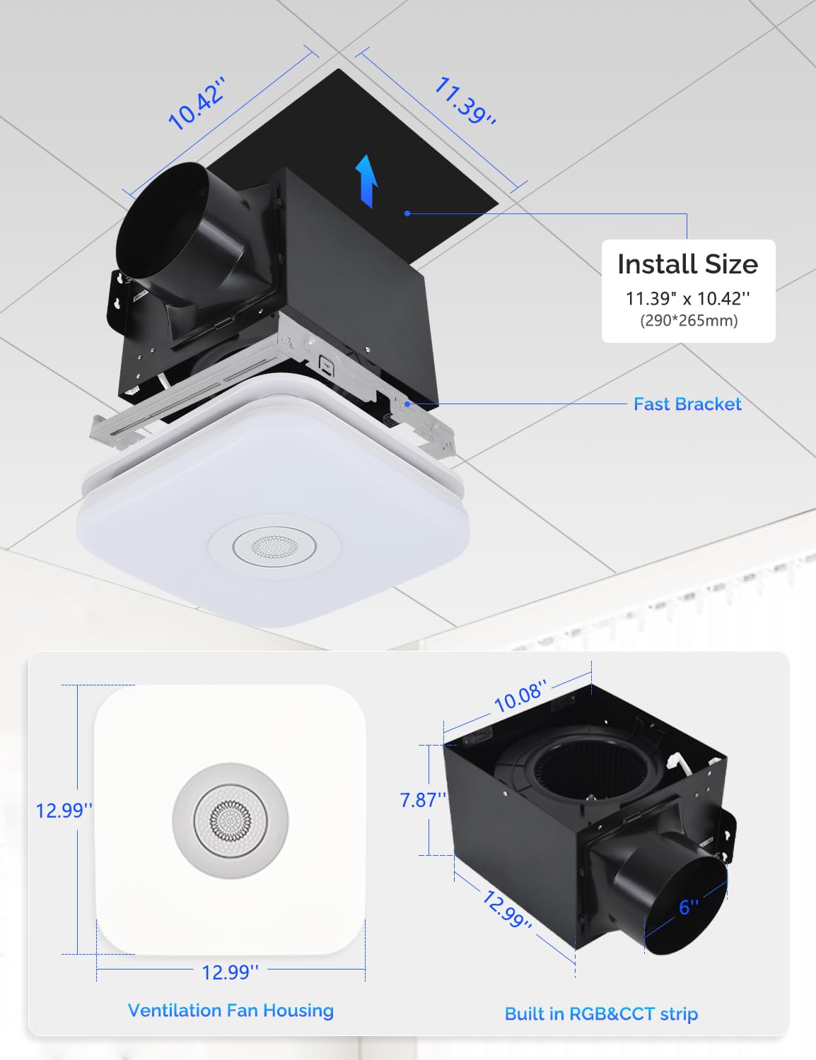 Orison Bathroom Exhaust Fan with Bluetooth Speaker, 110 CFM 1.0 Sone, bathroom vent fan featuring Light with 3 Color Temperatures, RGB Music Light, Nightlight, Remote Control, EZ Install