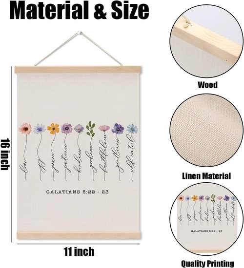 Fruit of the Spirit Wall Art | Boho Floral Christian Bible Verses Poster Frame with Wooden Hangers - Perfect for Home Decor