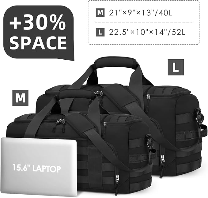 ZOMFELT Tactical Gym Bags for Men, 52L Travel Duffle Bag with Removable Dividers & Innovative Shoe Compartment, 3-in-1 Waterproof MOLLE Gym Duffel Backpack, Airplane Carry-On Approved, Black
