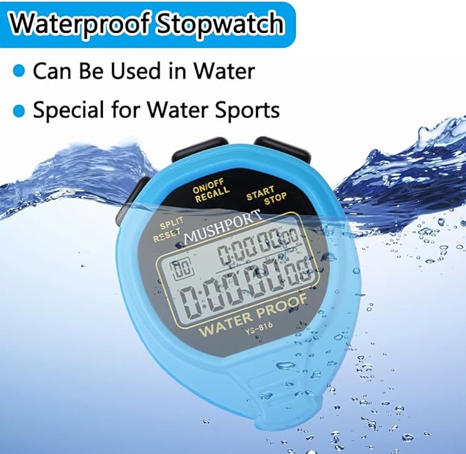 Waterproof Stopwatch Timer 30 Laps/Splits Only Stopwatch Mode, ON/Off Silent Memory Recall Simple Operation, Digital Stop Watch for Sports Swimming Running, Blue