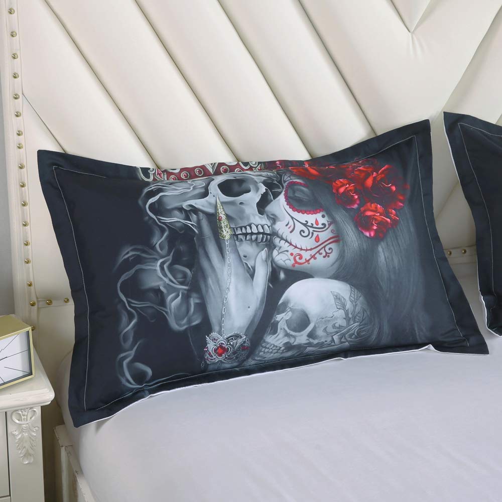 Suncloris 3D Dark Gothic Sugar Skull Roses Queen Duvet Cover Set 3Pcs (Queen)