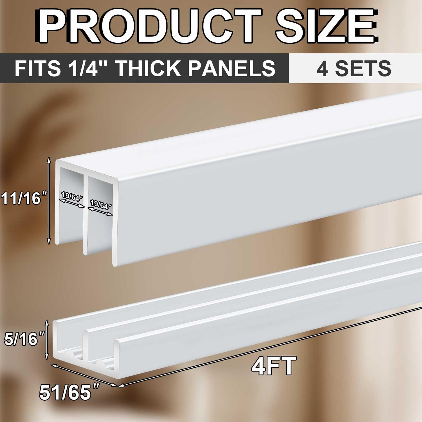 Landical 4 Set 4 ft White Aluminum Sliding Door Track Set for 1/4" Panels, Top and Bottom Closet Door Metal Track for Cabinet, Showcase, Glass or Wood Sliding Doors