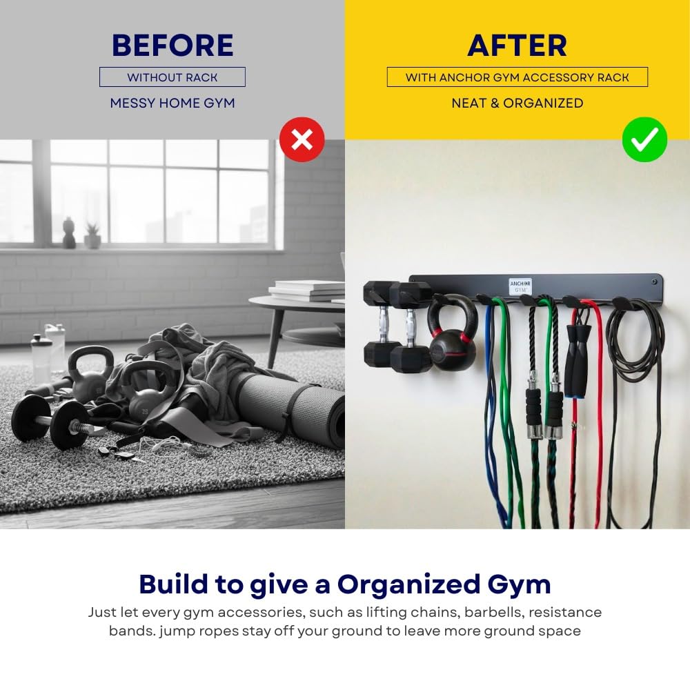 Anchor Gym Resistance Band Storage Rack - Gym Rack Organizer for Ropes, Straps & Small Dumbbells - (L-17 Inches) - (Screws Included)