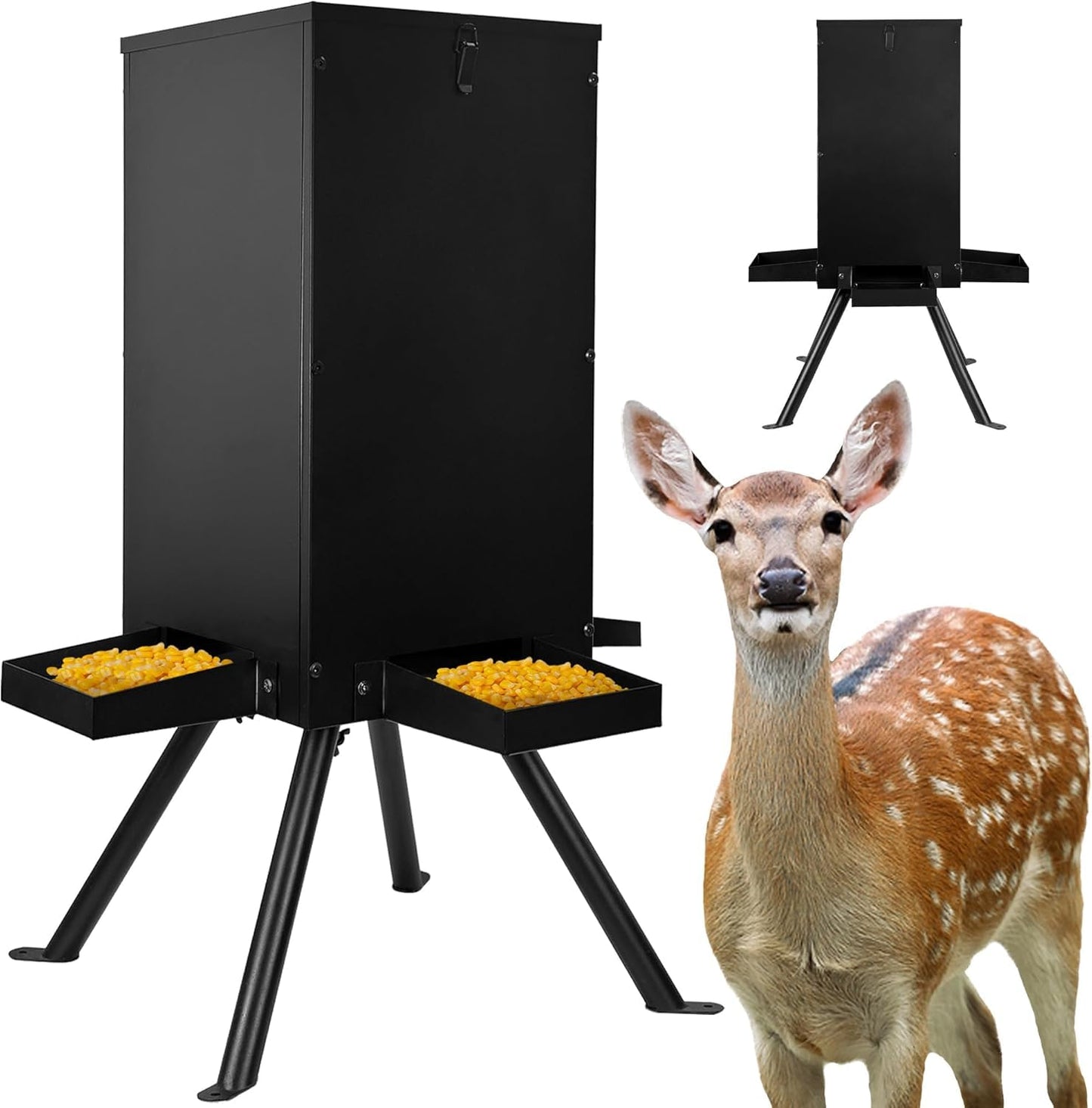 PROLEE 85lbs Deer Feeder, Weatherproof Deer Feeders with 4 Feeding Tray and 4-Leg Stand, Heavy Duty Metal Gravity Feeder for Deers and Wildlife (Black)