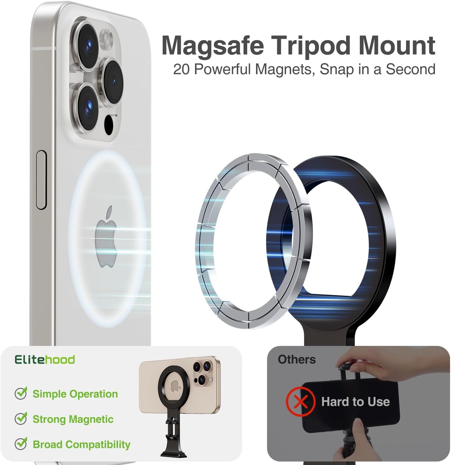 elitehood 1/4" 16 15 14 13 Aluminum Magsafe Tripod Phone Mount, Compact Phone Holder for Tripod with Arca Swiss Quick
