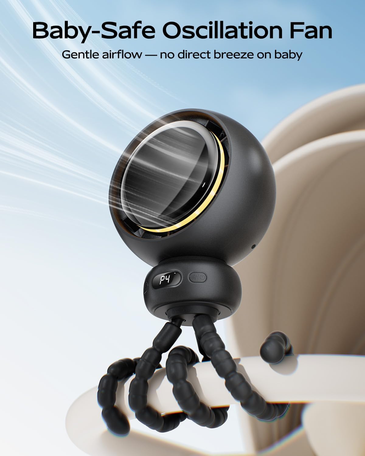 Skiennix Mini Portable Stroller Fan - 60° Auto Oscillation, USB-C Rechargeable, 4 Speeds, Night Light & Flexible Tripod (Black)