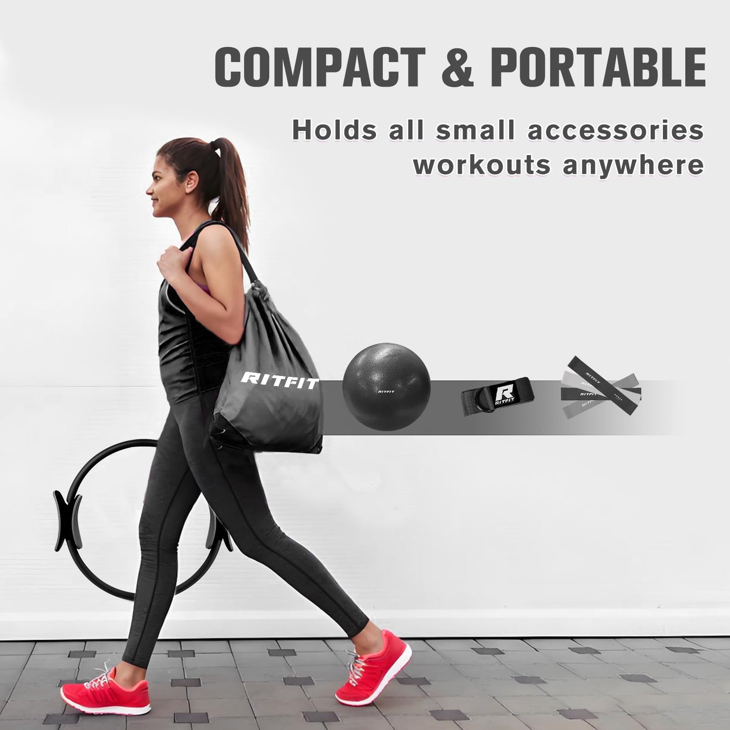RitFit Pilates Kit - 14 Inch Pilates Ring Magic Circle with Pilates Ball, Resistance Bands & Yoga Strap, Pilates Equipment for Home Workout Toning Thighs, Arms and Core (Black)