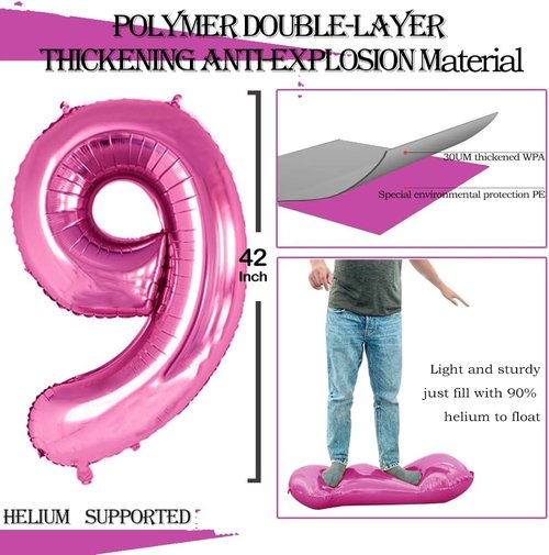 GOER Number 9 Balloons - Hot Pink Foil Party Decorations for 9th Birthday | 3 Pack, 42 Inch, 32 Inch, 16 Inch