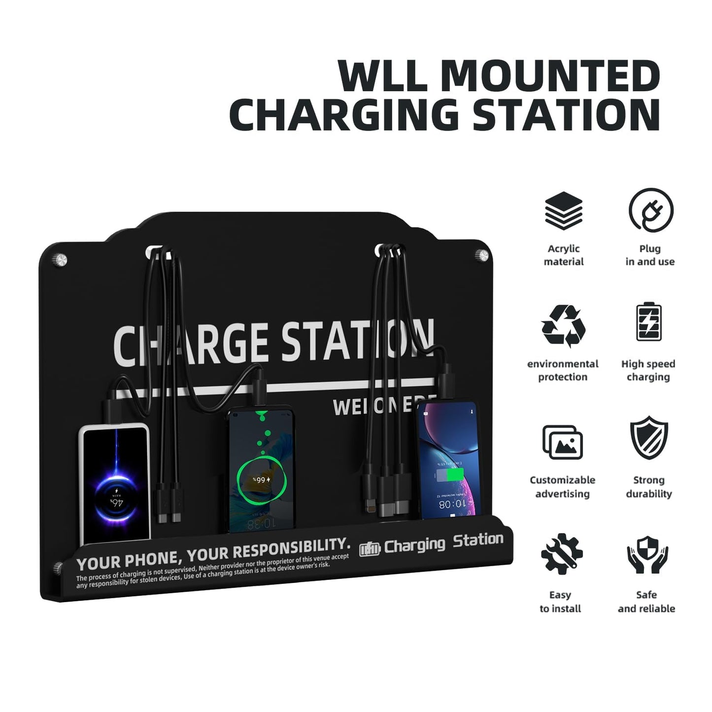 Wall Mounted Cell Phone Charging Station Mobile Phone Charging Station | Fast Charging 8 Device | Compatible with iphone ipad Smartphone Tablets Port | Great for Offices Hotel Hospital Airport (Black)