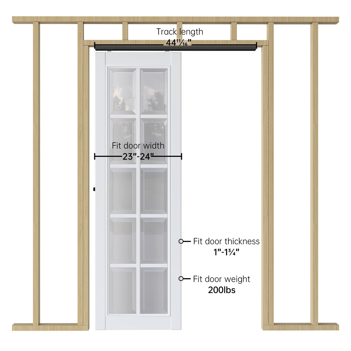EaseLife 4FT/48in Sliding Pocket Door Hardware Kit,Commercial Grade,Black Box Rail Kit,Easy Install,Slide Smoothly Quiet,No Door (44.5in Track Kit for 23"~24" Wide Single Door)